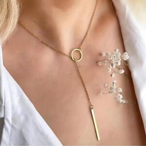 Gold Circle Bar Lariat Chain Necklace